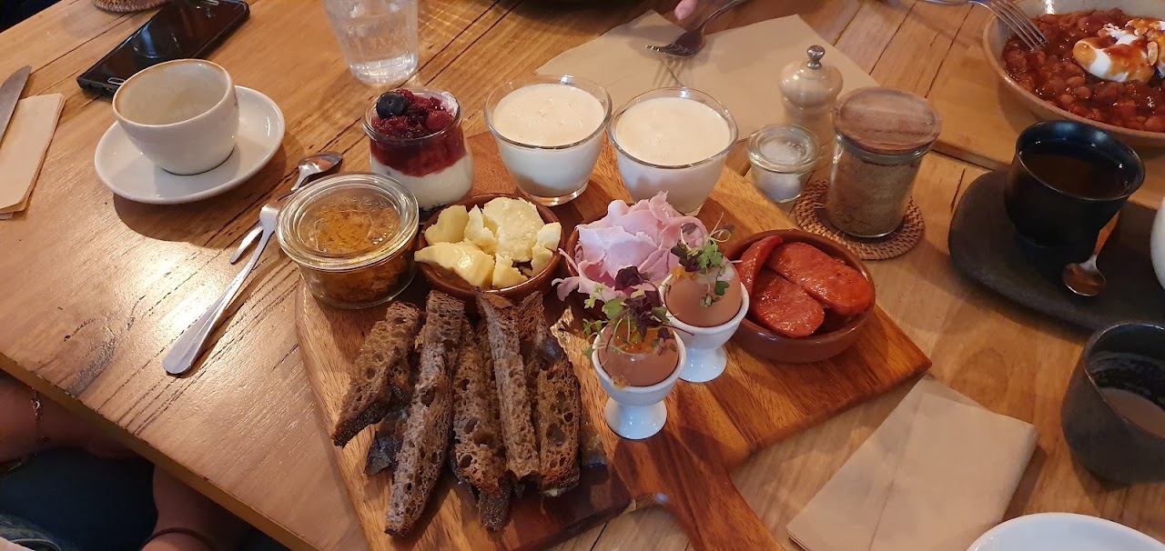 Shared breakfast and drinks on a cafe table